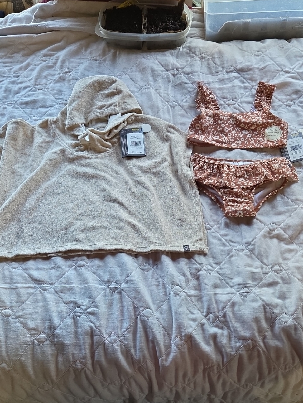 Gerber Beige Hooded Swim Coverup with Rust Floral Bikini Set 2T/18mo